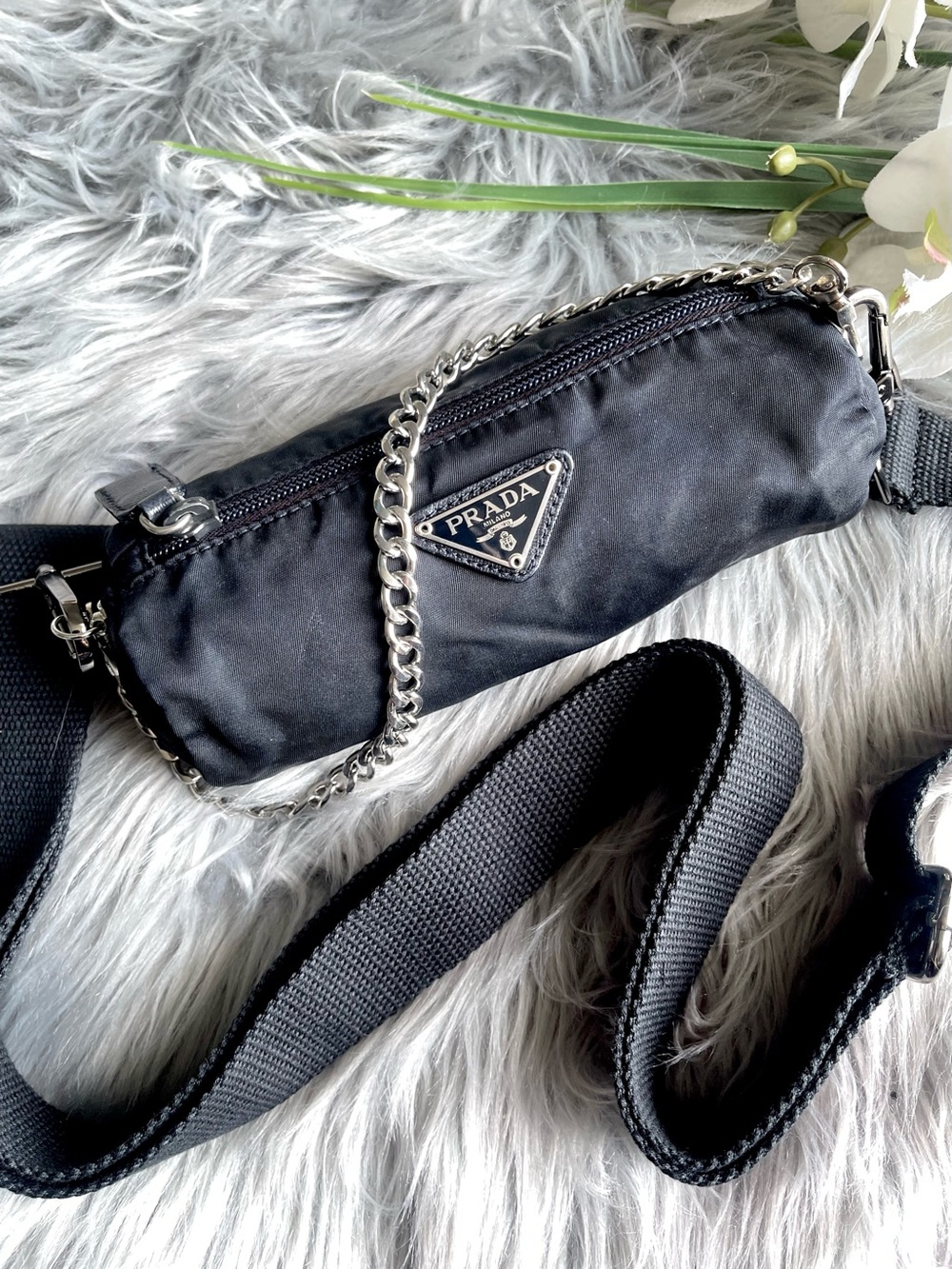 Prada Black Nylon Crossbody Belt Bag with Chain